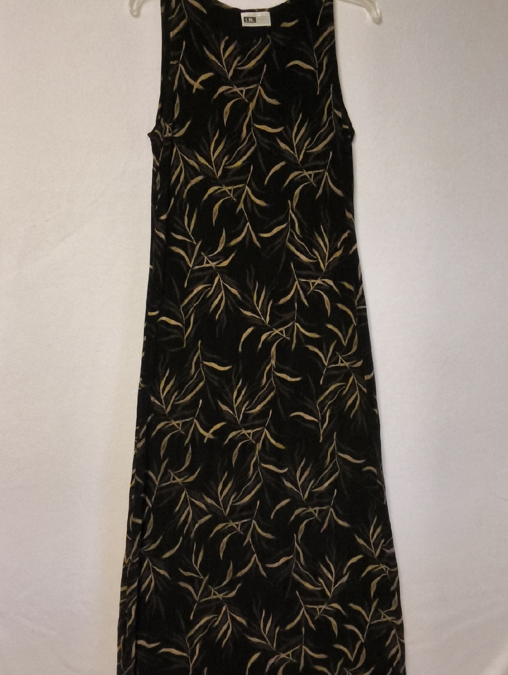 I.N. Studio Black Maxi Dress with Tan Leaf Motif.50 Inch Neck To Hem,slinky Feel